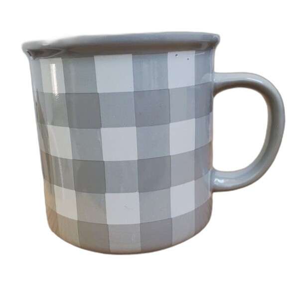 Place Time Mug Gray Plaid Coffee Cup Tea Time Cozy 16 oz NWT Factory FLAW - Picture 1 of 6